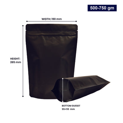 Black stand-up zipper pouch with dimensions 500-750gm, displaying width, height, and bottom gusset||500 to 750gm - 190mm(W) * 265mm(H) * 55mm+55mm(BG)