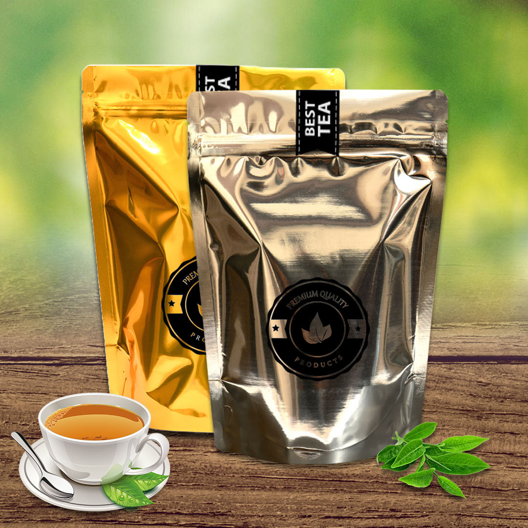 Gloss gold and silver standup pouch with zipper for tea packaging