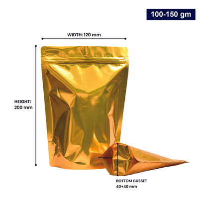 Golden stand-up zipper pouch with dimensions 100-150gm, displaying width, height, and bottom gusset||100 to 150gm - 120mm(W) * 200mm(H) * 40mm+40mm(BG)