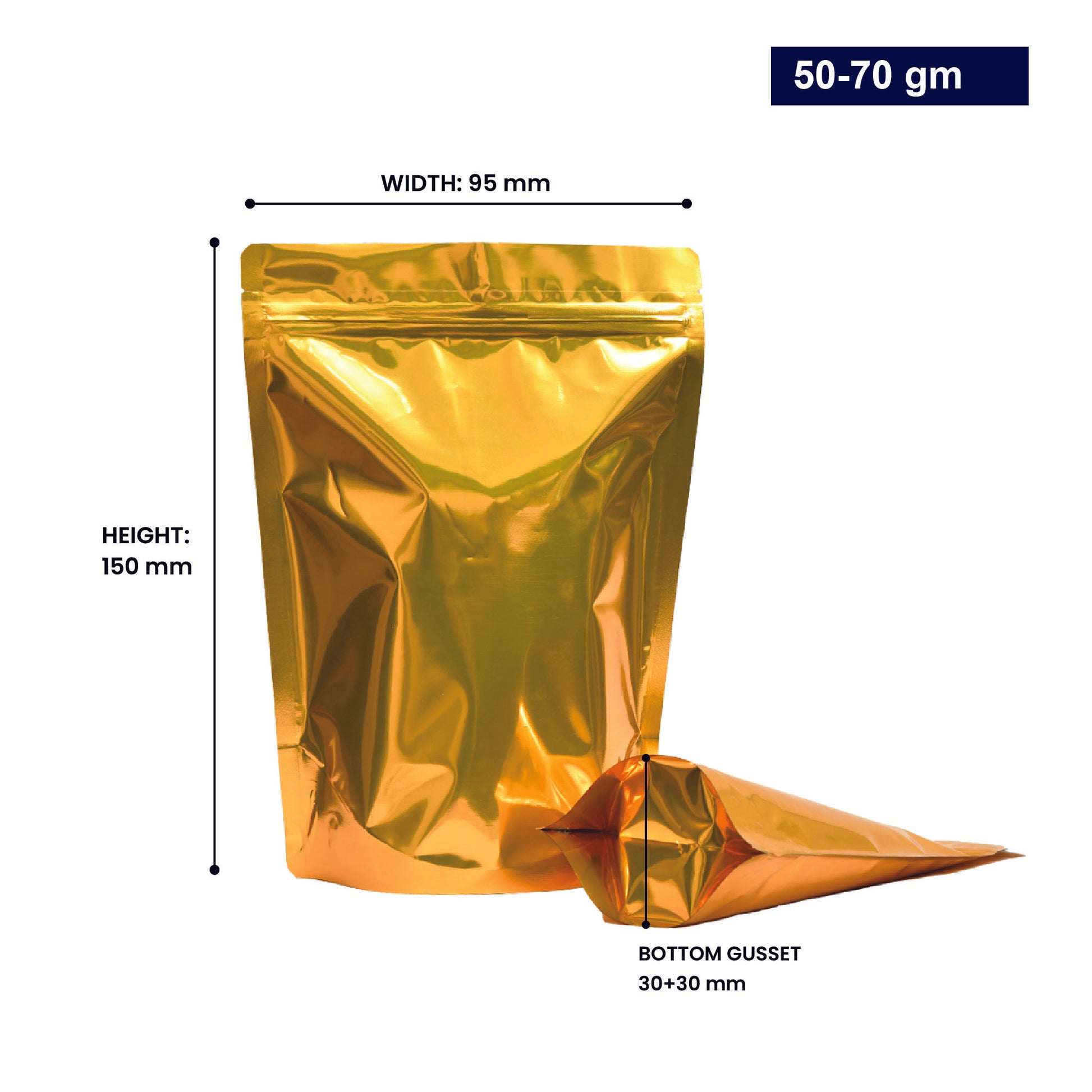 Golden stand-up zipper pouch with dimensions 50-70gm, displaying width, height, and bottom gusset||50 to 70gm - 95mm(W) * 150mm(H) * 30mm+30mm(BG)