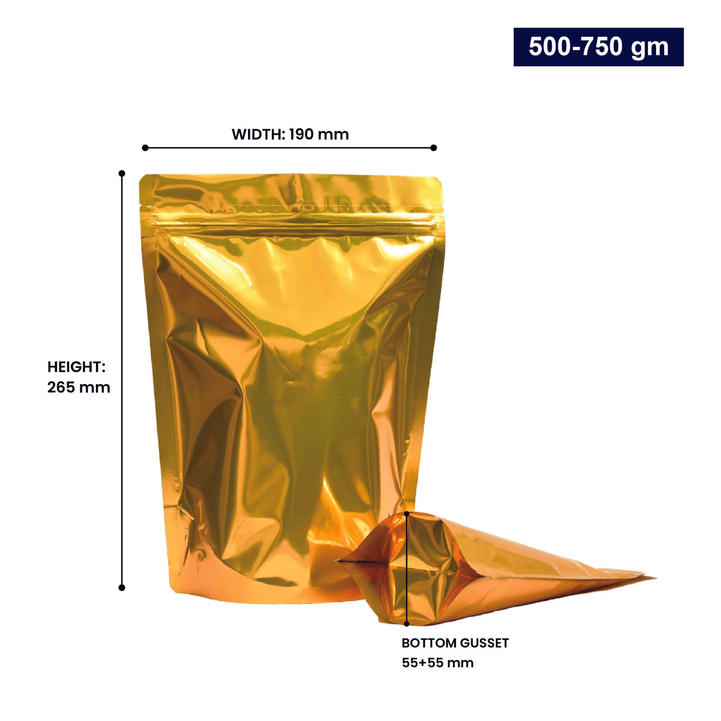 Golden stand-up zipper pouch with dimensions 500-750gm, displaying width, height, and bottom gusset||500 to 750gm - 190mm(W) * 265mm(H) * 55mm+55mm(BG)
