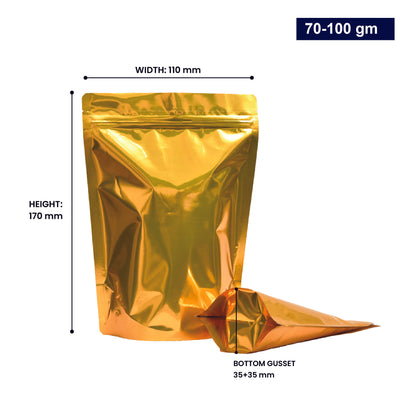 Golden stand-up zipper pouch with dimensions 70-100gm, displaying width, height, and bottom gusset||70 to 100gm - 110mm(W) * 170mm(H) * 35mm+35mm(BG)