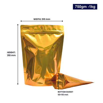 Black stand-up zipper pouch with dimensions 750-1kg, displaying width, height, and bottom gusset||750gm to 1kg - 210mm(W) * 310mm(H) * 55mm+55mm(BG)