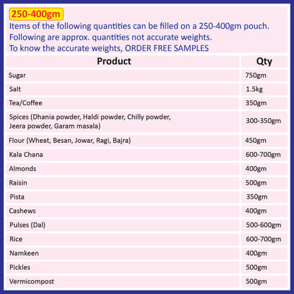 A chart showing the approximate quantities of various products that can be filled in a 250-400gm black pouch||250 to 400gm - 160mm(W) * 230mm(H) * 45mm+45mm(BG)