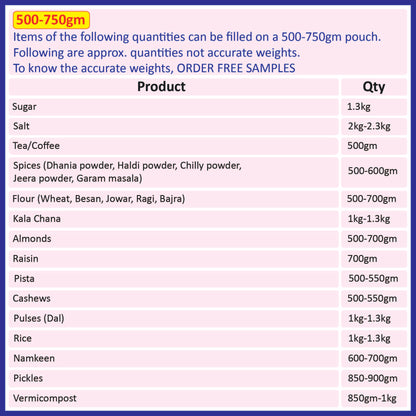 A chart showing the approximate quantities of various products that can be filled in a 500-750gm black pouch||500 to 750gm - 190mm(W) * 265mm(H) * 55mm+55mm(BG)
