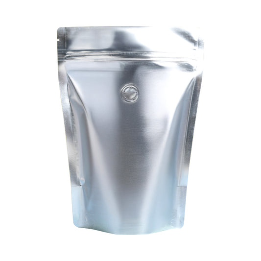 Matte silver stand-up zipper pouch with valve – ideal for coffee packaging