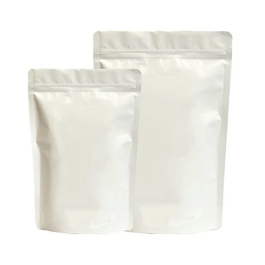Matte white standup pouch with zipper – resealable milky pouch bag for food, snacks, coffee, and dry fruits packaging||50 to 70gm - 95mm(W) * 150mm(H) * 30mm+30mm(BG)