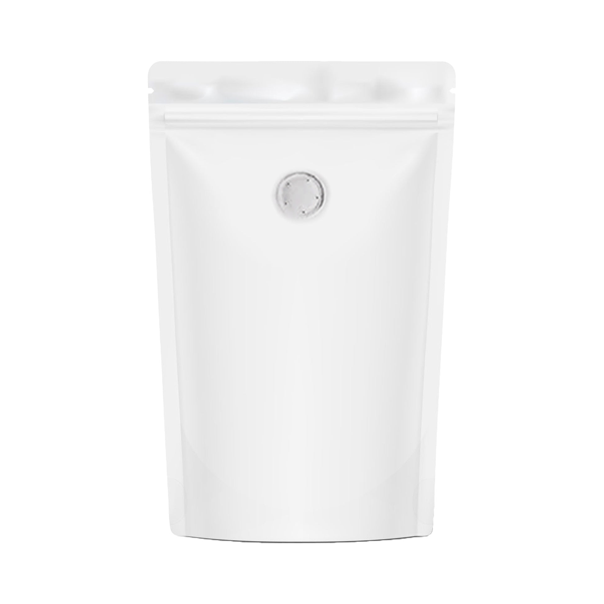 Matte white stand-up pouch with zipper and degassing valve for coffee packaging