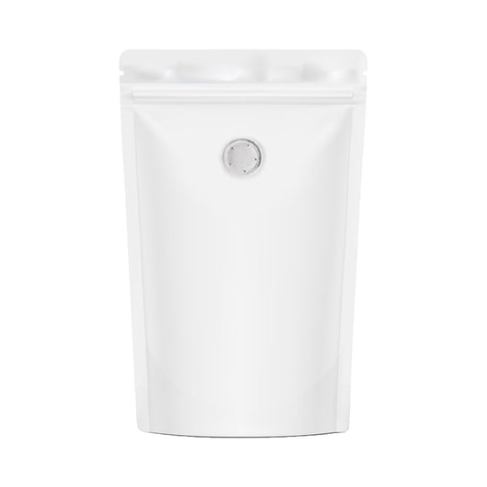 Matte white stand-up pouch with zipper and degassing valve for coffee packaging