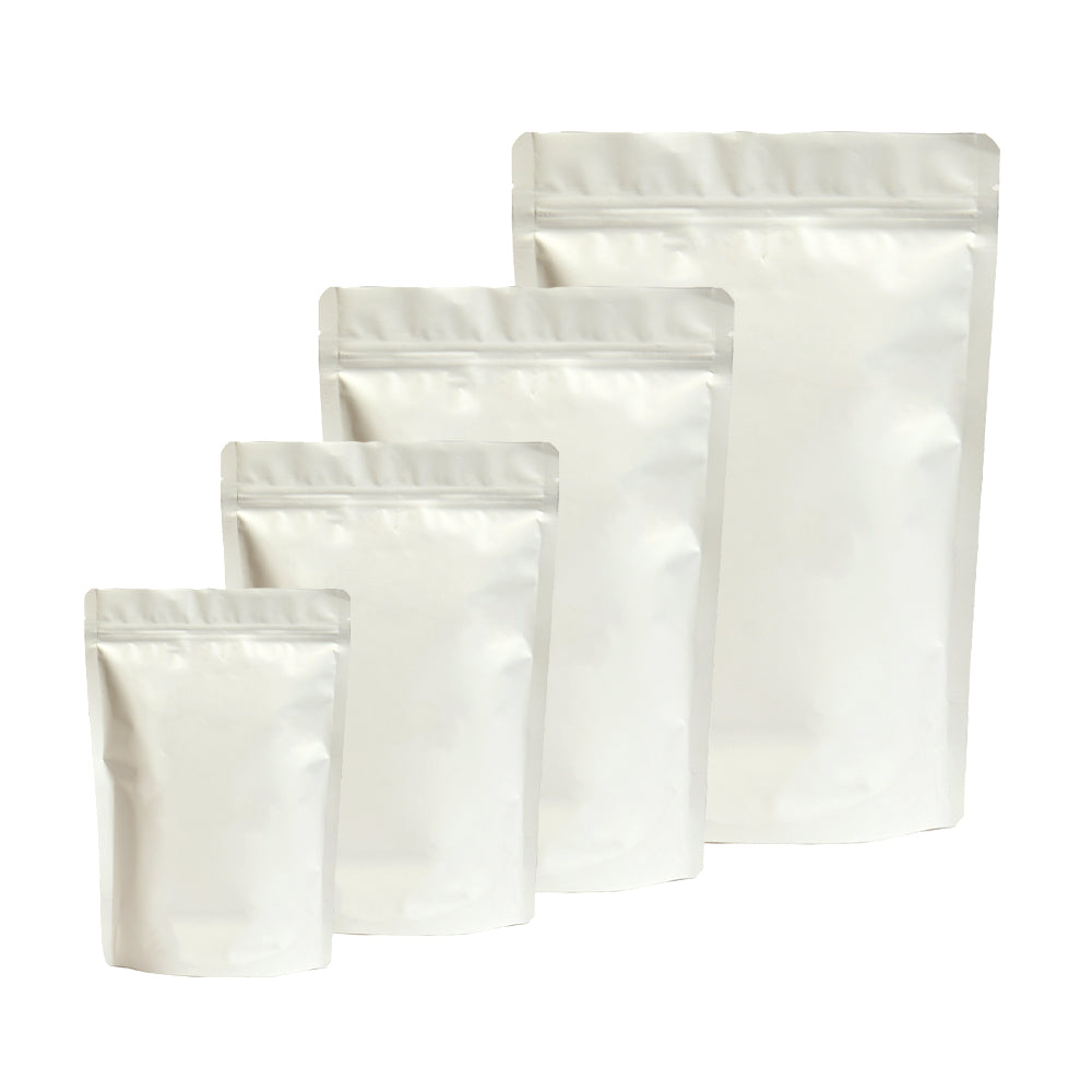 Matte white stand-up zipper pouches in multiple sizes, for food packaging||50 to 70gm - 95mm(W) * 150mm(H) * 30mm+30mm(BG)