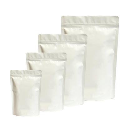 Matte white stand-up zipper pouches in multiple sizes, for food packaging||50 to 70gm - 95mm(W) * 150mm(H) * 30mm+30mm(BG)