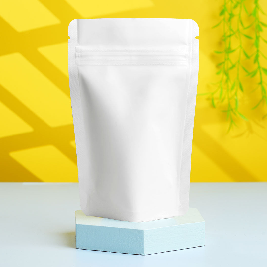 Premium milky pouch for snacks, dry fruits, and FMCG products||70 to 100gm - 110mm(W) * 170mm(H) * 35mm+35mm(BG)
