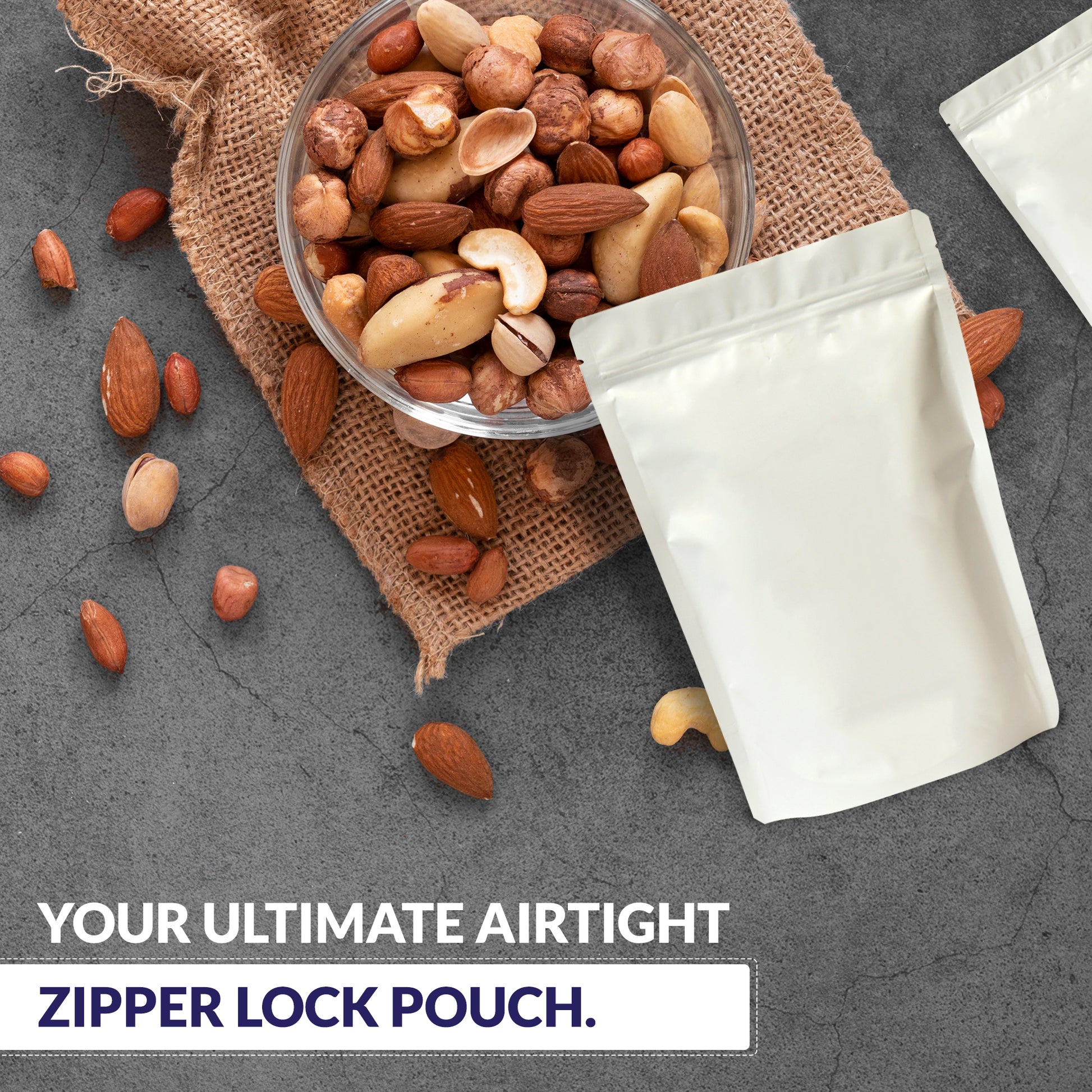 White standup pouch 150-250gmwith zipper featuring tear notches, resealable ziplock,bottom gusset and waterproof protection||150 to 250gm - 130mm(W) * 210mm(H) * 40mm+40mm(BG)
