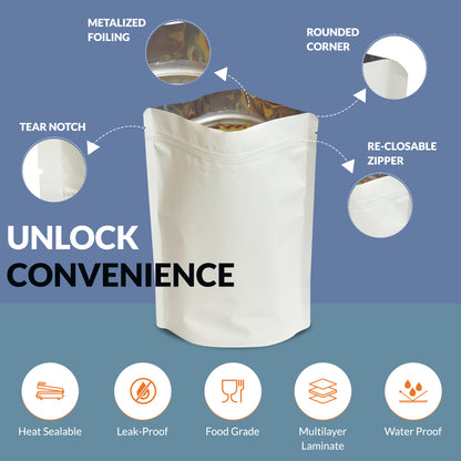 Matte white pouch 70-100gm with tear notch, metallized foiling, rounded corners, food-grade multilayer laminate,heat sealable, leak-proof, and waterproof protection||70 to 100gm - 110mm(W) * 170mm(H) * 35mm+35mm(BG)