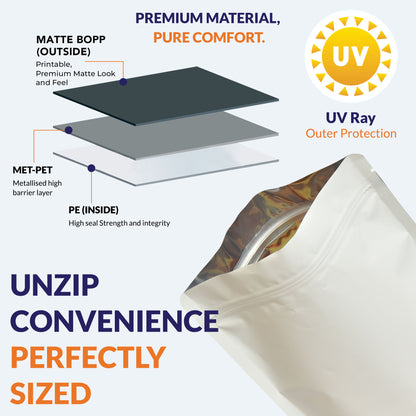 Matte white pouch 750-1kg with tear notch, metallized foiling, rounded corners, food-grade multilayer laminate,heat sealable, leak-proof, and waterproof protection||750gm to 1kg - 210mm(W) * 310mm(H) * 55mm+55mm(BG)g