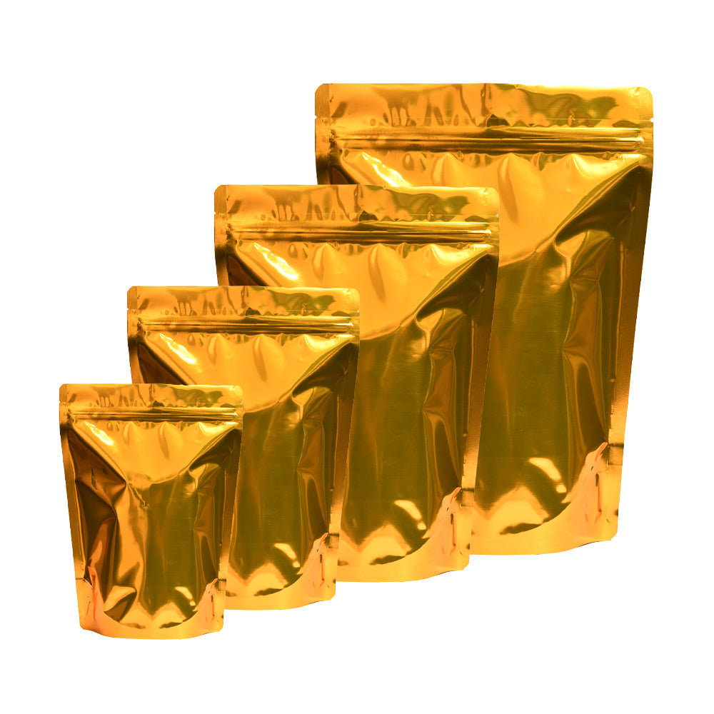Golden stand-up zipper pouches in multiple sizes, for food packaging||50 to 70gm - 95mm(W) * 150mm(H) * 30mm+30mm(BG)