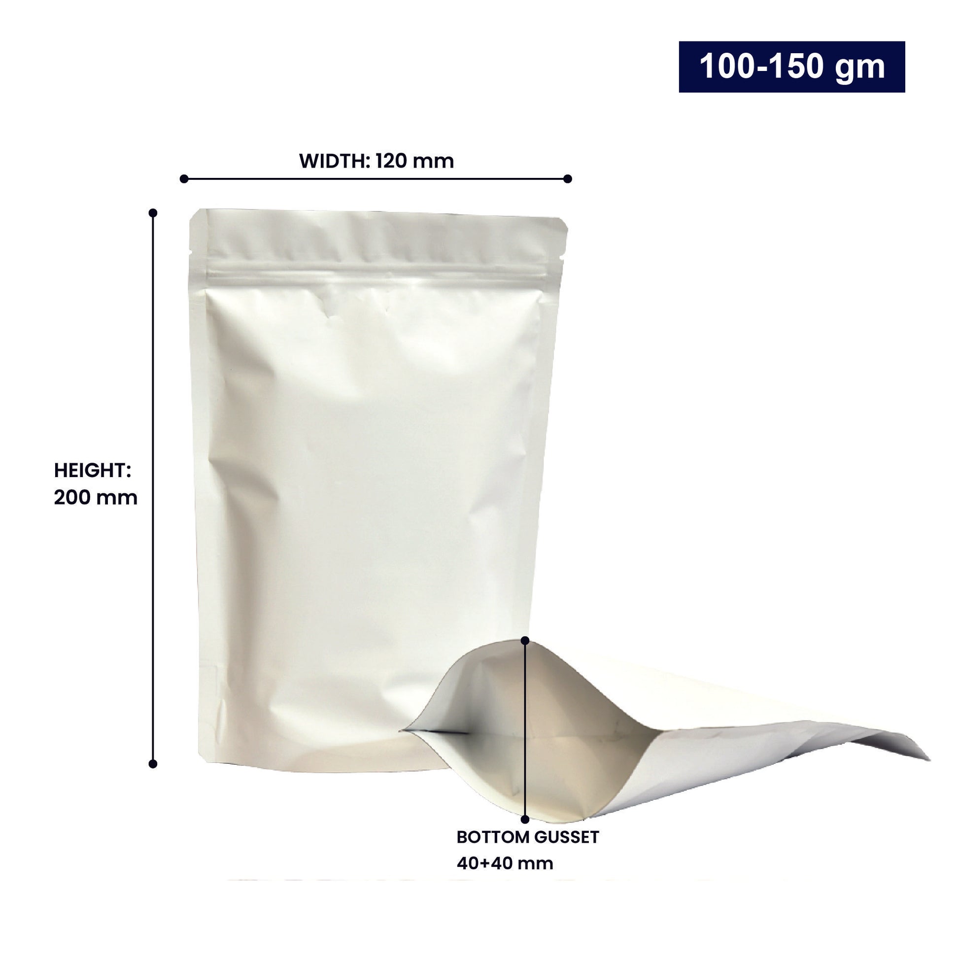 White stand-up zipper pouch with dimensions 100-150gm, displaying width, height, and bottom gusset||100 to 150gm - 120mm(W) * 200mm(H) * 40mm+40mm(BG)