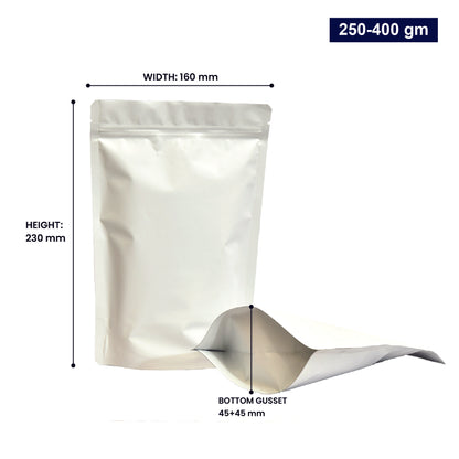 White stand-up zipper pouch with dimensions 250-400gm, displaying width, height, and bottom gusset||250 to 400gm - 160mm(W) * 230mm(H) * 45mm+45mm(BG)