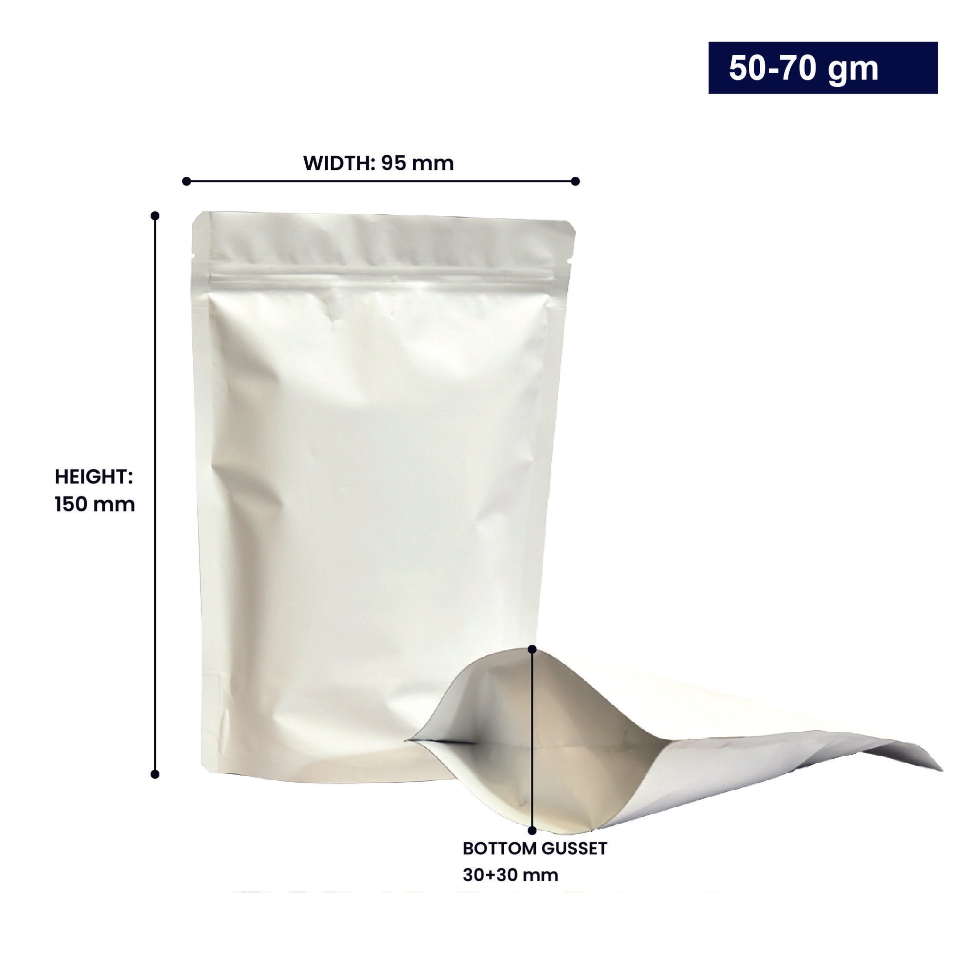 White stand-up zipper pouch with dimensions 50-70gm, displaying width, height, and bottom gusset||50 to 70gm - 95mm(W) * 150mm(H) * 30mm+30mm(BG)