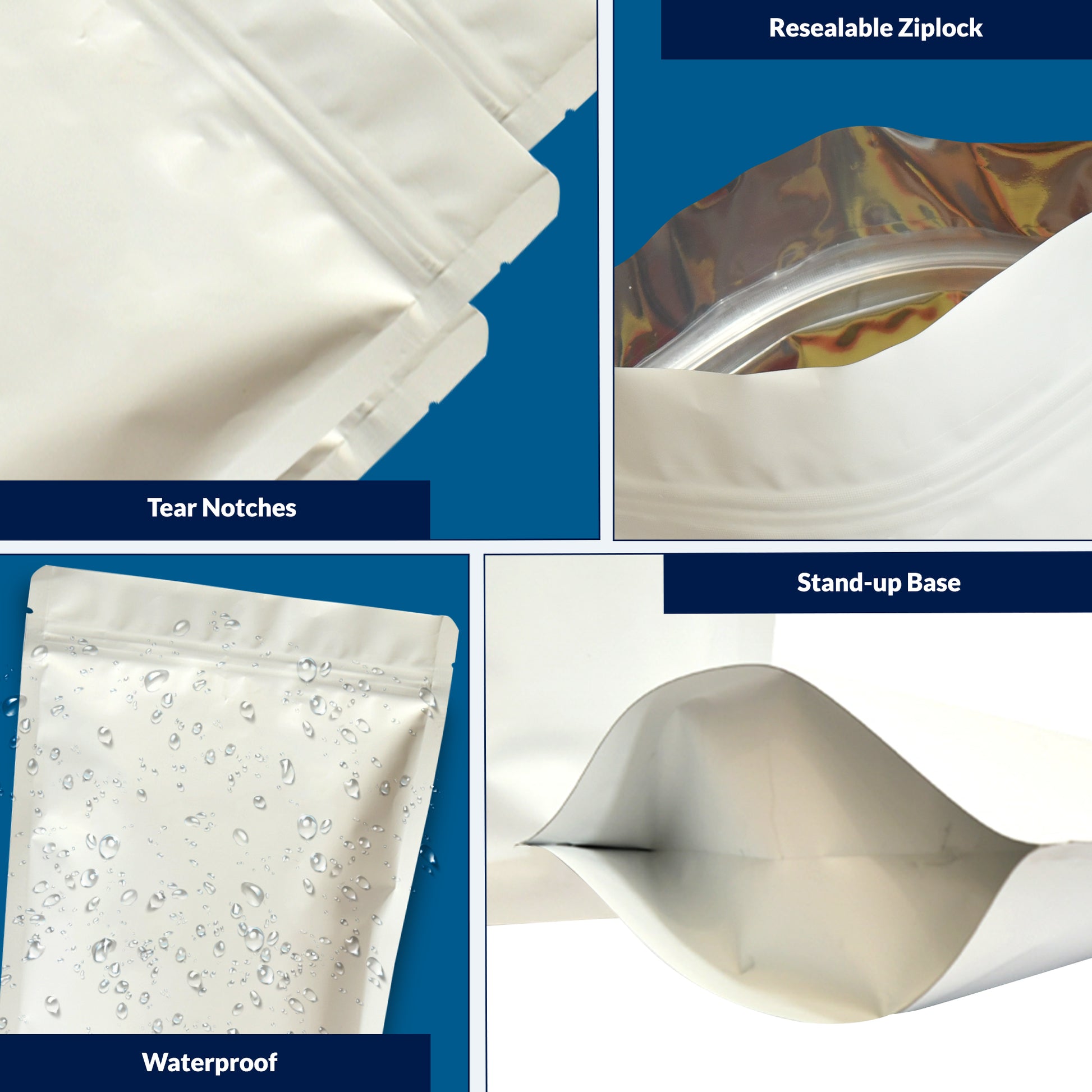 White pouch 750-1kgwith zipper featuring tear notches, resealable ziplock,bottom gusset and waterproof protection||750gm to 1kg - 210mm(W) * 310mm(H) * 55mm+55mm(BG)