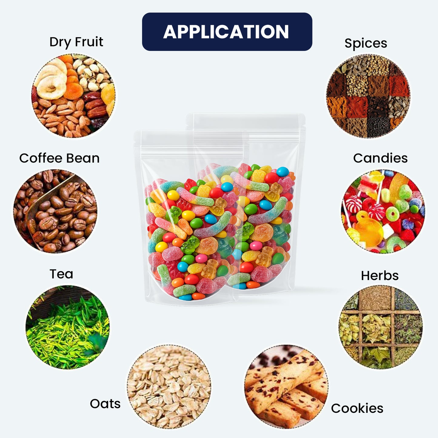 Transparent zipper pouch for food and non food packaging||50 to 70gm - 95mm(W) * 150mm(H) * 60mm(BG)