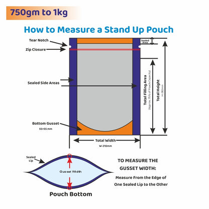 Guide on how to measure a 750gm black stand-up pouch showing total width, height, bottom gusset, sealed side areas, and zip closure||750gm to 1kg - 210mm(W) * 310mm(H) * 55mm+55mm(BG)