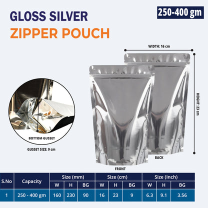 250g both side gloss silver stand up zipper pouch||250 to 400gm - 160mm(W) * 230mm(H) * 90mm(BG)