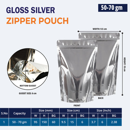 50g both side gloss silver stand up zipper pouch||50 to 70gm - 95mm(W) * 150mm(H) * 60mm(BG)