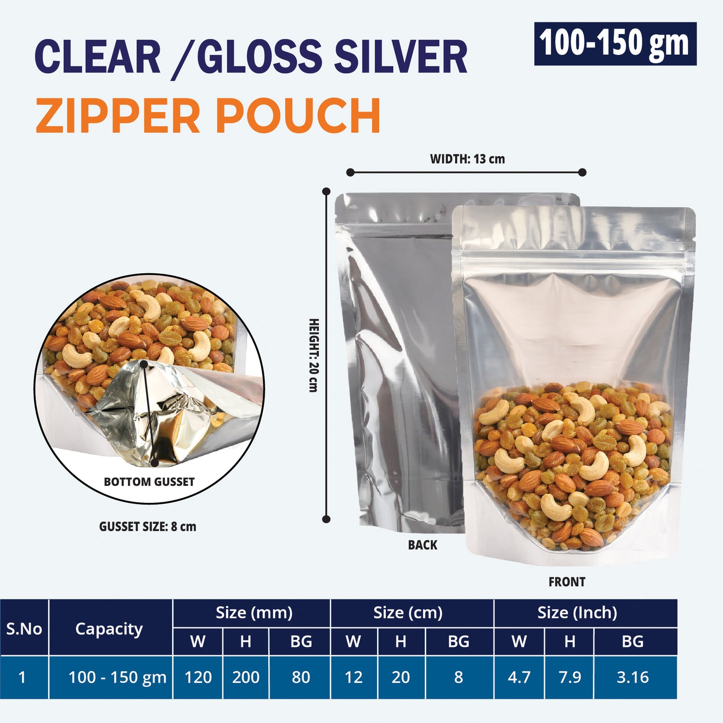 100g clear gloss silver stand up zipper pouch||100 to 150gm - 120mm(W) * 200mm(H) * 80mm(BG)