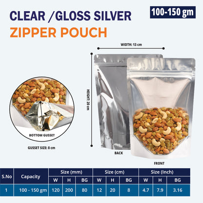 100g clear gloss silver stand up zipper pouch||100 to 150gm - 120mm(W) * 200mm(H) * 80mm(BG)