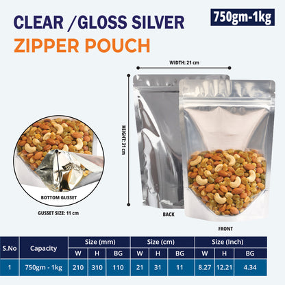 1kg clear gloss silver stand up pouch for bulk packaging||750gm to 1kg - 210mm(W) * 310mm(H) * 110mm(BG)