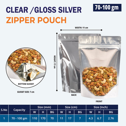 70g clear gloss silver stand up pouch with ziplock||70 to 100gm - 110mm(W) * 170mm(H) * 70mm(BG)
