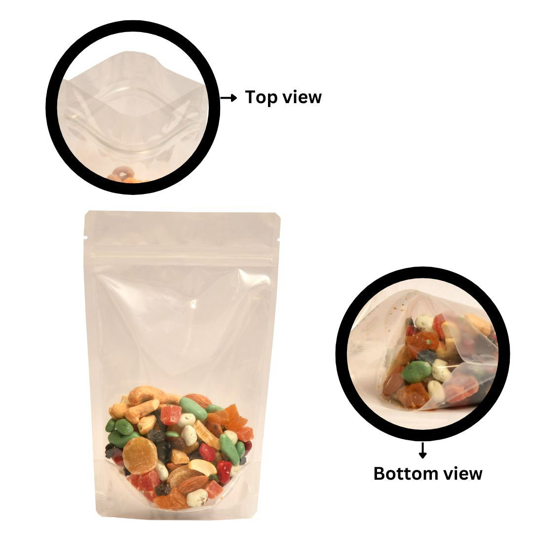 Top and bottom view of a clear stand-up pouch 100-150gm, showcasing the pouch's structure and design||100 to 150gm - 120mm(W) * 200mm(H) * 40mm+40mm(BG)