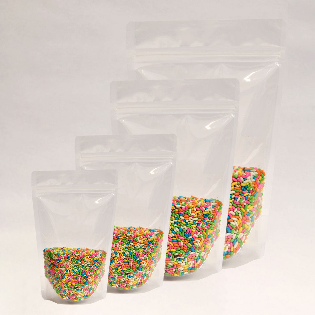 Clear transparent stand-up zipper pouches in multiple sizes, for food packaging||750gm to 1kg - 210mm(W) * 310mm(H) * 55mm+55mm(BG)