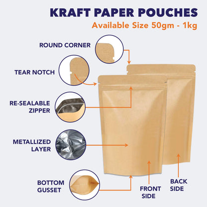 Pouches are heat sealable, reclosable zipper, stand up design, with rounded corner||50 to 70gm - 95mm(W) * 150mm(H) * 30mm+30mm(BG)