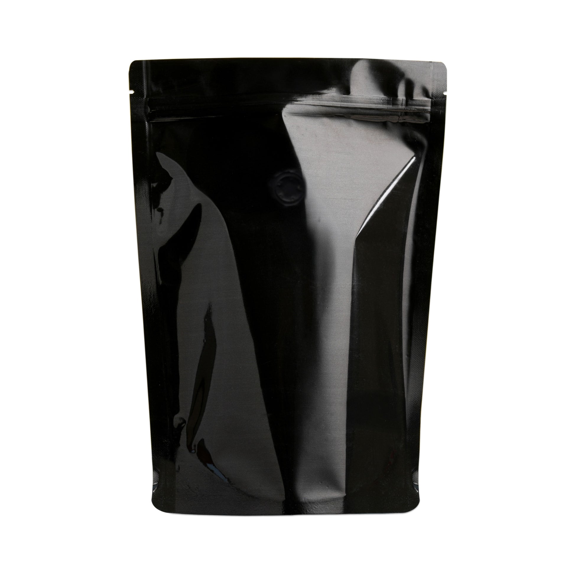 Gloss black stand-up zipper pouch with degassing valve – perfect for premium coffee packaging