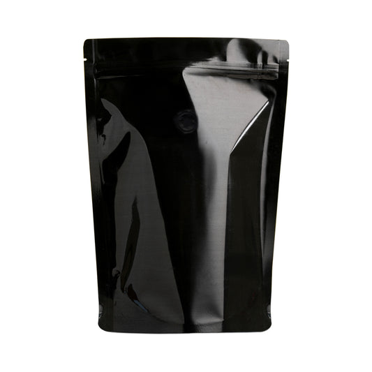 Gloss black stand-up zipper pouch with degassing valve – perfect for premium coffee packaging