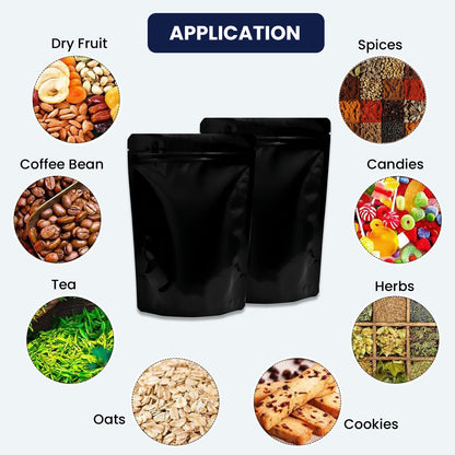 Gloss black pouches used for snacks, dry fruits, tea, spices, FMCG||50 to 70gm - 95mm(W) * 150mm(H) * 60mm(BG)