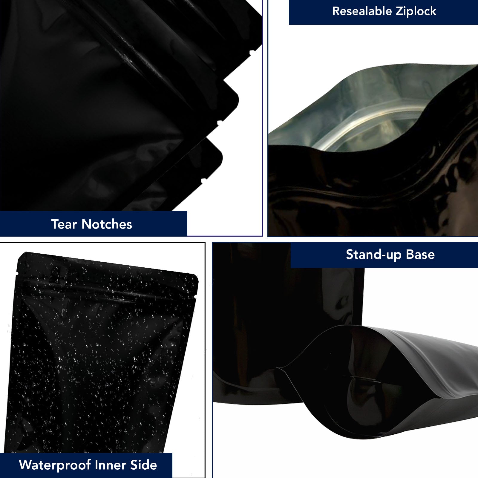 Features of gloss black pouch including zipper, heat seal, durability