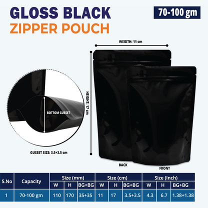 70g gloss black stand up pouch with resealable ziplock||70 to 100gm - 110mm(W) * 170mm(H) * 70mm(BG)