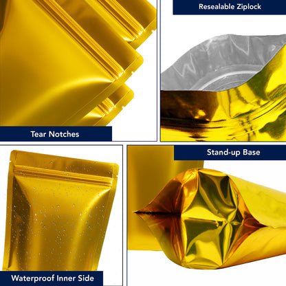 Gloss gold pouch for premium food and dry food packaging||70 to 100gm - 110mm(W) * 170mm(H) * 70mm(BG)