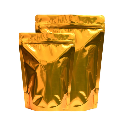 Gloss gold standup pouch with zipper – resealable golden pouch bag for food, snacks, coffee, and dry fruits packaging||50 to 70gm - 95mm(W) * 150mm(H) * 30mm+30mm(BG)