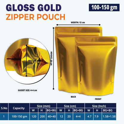 100g gloss gold zipper pouch for snacks, tea, coffee||100 to 150gm - 120mm(W) * 200mm(H) * 80mm(BG)