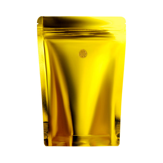 Glossy gold stand-up zipper pouch with degassing valve for premium coffee packaging

