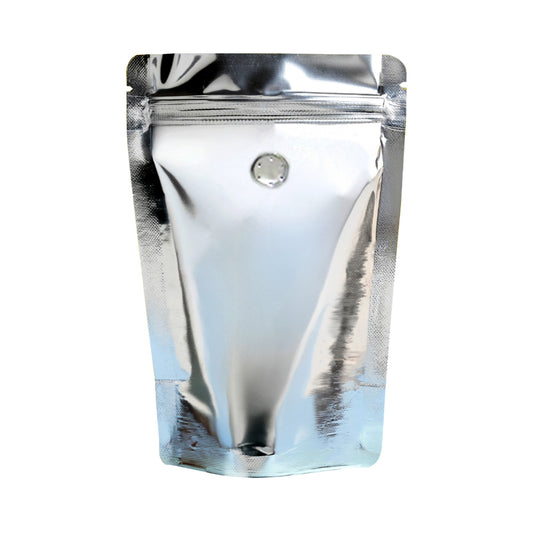 Glossy silver stand-up zipper pouch with degassing valve – suitable for coffee packaging