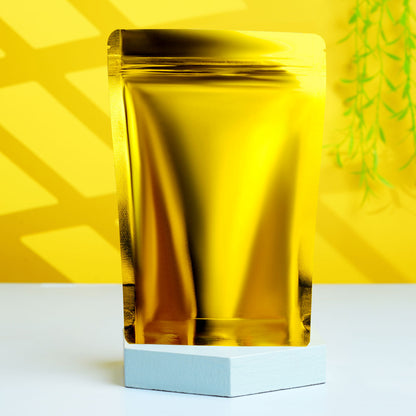 Premium gold pouch for snacks, dry fruits, and FMCG products||50 to 70gm - 95mm(W) * 150mm(H) * 30mm+30mm(BG)