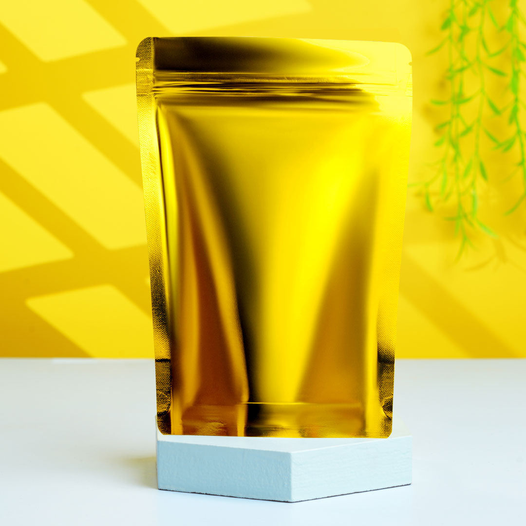Premium gold pouch for snacks, dry fruits, and FMCG products||70 to 100gm - 110mm(W) * 170mm(H) * 35mm+35mm(BG)