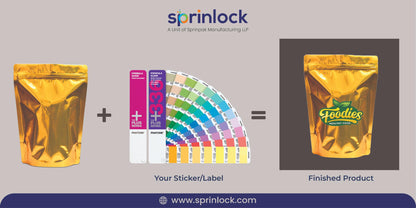 Golden stand-up zipper pouch customization with label printing – gold pouch for food packaging by Sprinlock