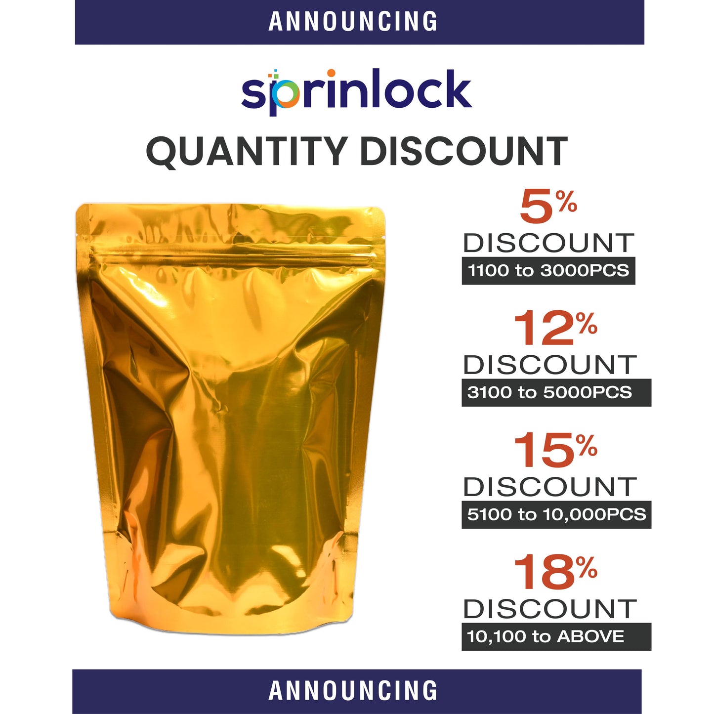 Golden stand-up zipper pouch wholesale quantity discount offers by Sprinlock – gold pouch packaging bulk order