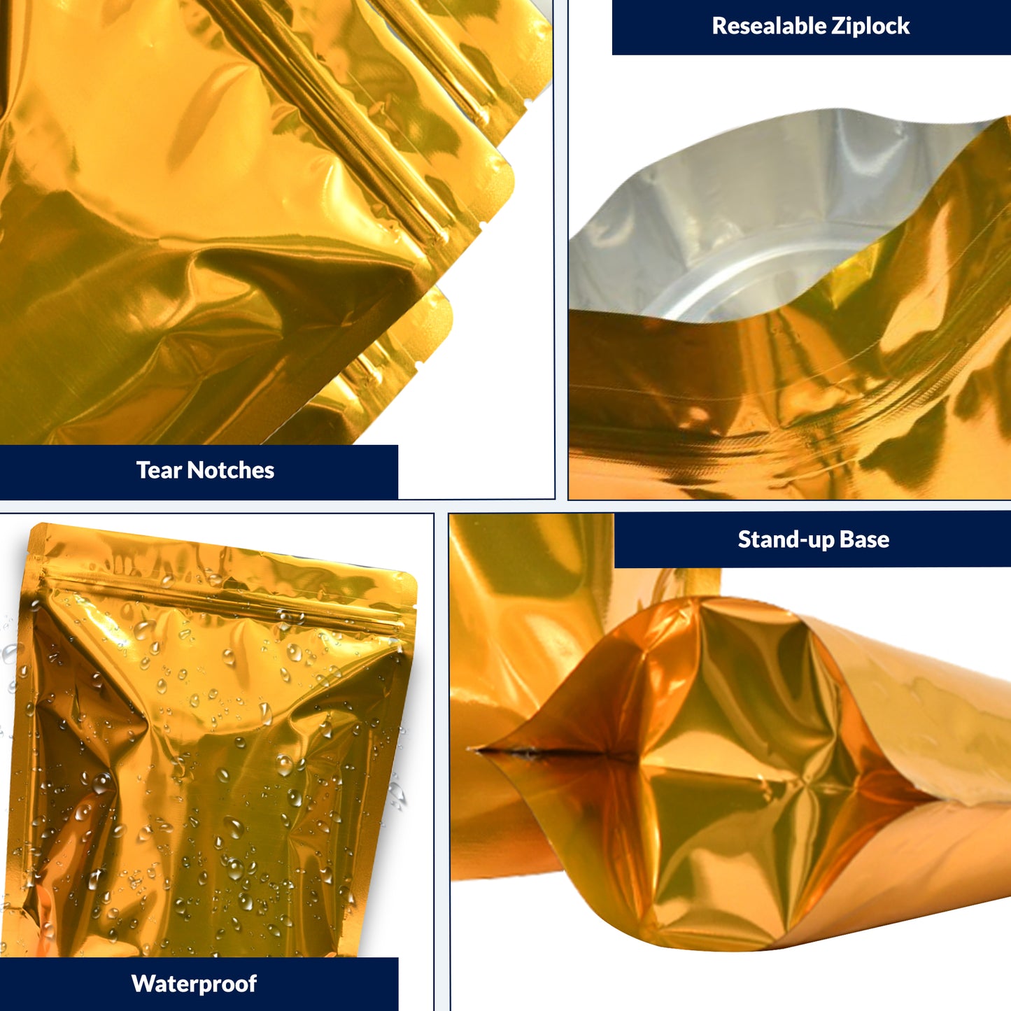 Golden pouch 50-70gmwith zipper featuring tear notches, resealable ziplock,bottom gusset and waterproof protection||50 to 70gm - 95mm(W) * 150mm(H) * 30mm+30mm(BG)